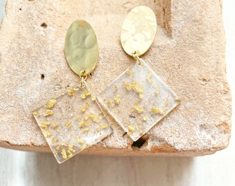Gold Fleck Clear Acrylic Geometric Earrings, Statement Earrings, Hammered Gold Jewelry, Geometric Jewelry, Vacation Jewelry