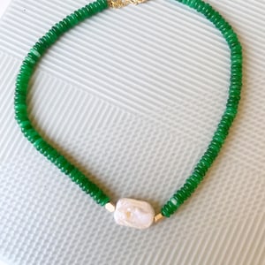 Green Jade & Baroque Pearl Gemstone Beaded Necklace • Gemstone Necklace • Baroque Pearl Necklace • Emerald Green Beaded Necklace