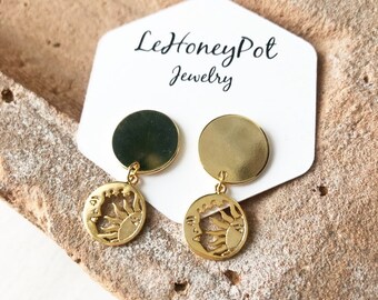 Celestial Sun & Moon Brass Coin Dangle Earrings, Gold Earrings, Boho Earrings, Contemporary Jewelry