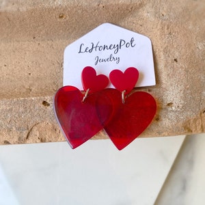 Red Acrylic Heart Earrings: Mod Statement Jewelry