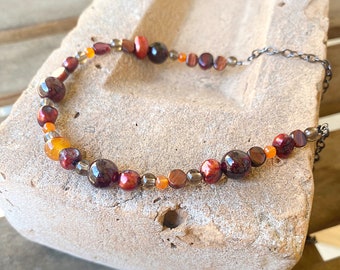 Dark Red and Orange Gemstone and Pearl Beaded Necklace, Pearl Jewelry, One of a Kind Necklace, Beaded Necklace