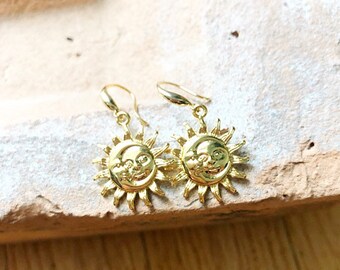 Celestial Sun & Moon Dangle Earrings, Crescent Moon Earrings, Gold Earrings, Gold Moon Earrings, Boho Earrings, Contemporary Jewelry