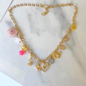Pink Gemstone and Heart Mixed Charm Necklace, Girly Charm Necklace, Pink Charm Necklace, Gemstone Charm Necklace, Heart Charm Necklace