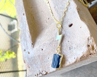 Lightening Bolt and Black Tourmaline Gold Necklace, Geometric Jewelry, Boho Necklace, Mixed Charm Necklace