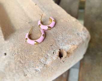 Mini Pink and Gold Heart Brass Hoop Earrings, Shiny Gold Plated Brass Hoop Earrings, Mini Hoops, Heart Jewelry