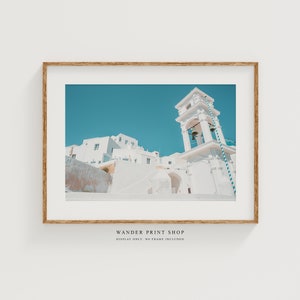 Santorini Bell Tower Print: Whitewashed Buildings, Greece Photography