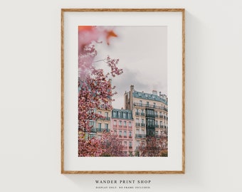 Paris Photography Print: Pink Apartment, Cherry Blossoms, Travel Art
