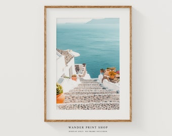 Santorini Print: Whitewashed Home, Mediterranean Sea View