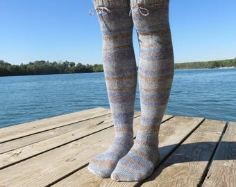 Hand knit knee high women's socks light blue light brown