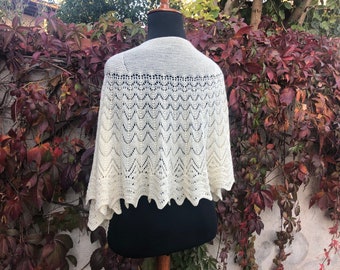 Natural white hand knit lace shawl