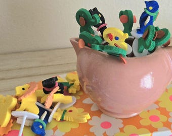 Vintage Foam Animal Cupcake Toppers Lot Of 29, Kids Birthday, 1960's, SOME BROKE