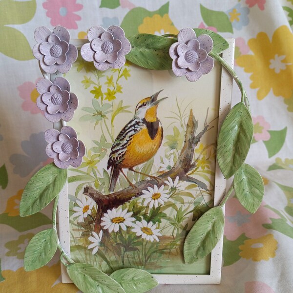 Vintage Meadowlark Photo In A Metal Flower Frame, Printed Bird Art, Tabletop Decor