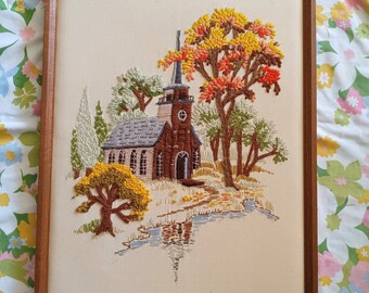 Large Crewel Of Church & Trees, Framed Artwork With Polyester Batting, Vintage Home Decor