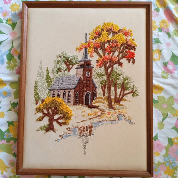 Large Crewel Of Church & Trees, Framed Artwork With Polyester Batting, Vintage Home Decor