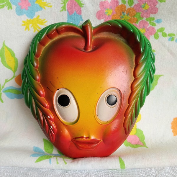 1970 Miller Studio Apple Wall Hanging, Anthropomorphic Fruit, Red And Yellow Ombre, Kitsch Chalkware, Vintage Kitchen Decor, Collectible