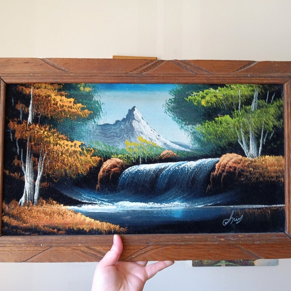 Velvet Painting Framed, Waterfall In Mountainous Woods, Vintage Home Decor