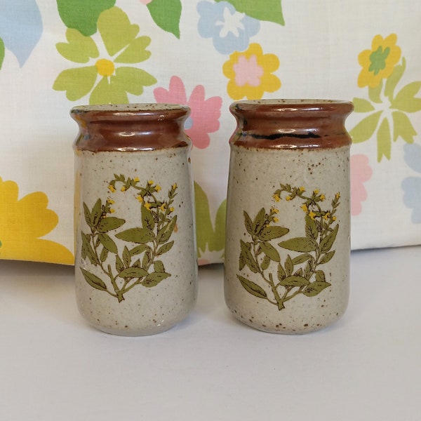 Stoneware Salt & Pepper Shakers With Yellow Flowers, Vintage Home Decor, Kitchenware