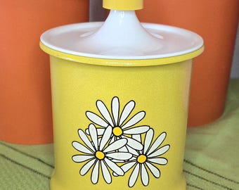 Yellow Kromex Canister With White Flowers, Vintage Hippie Kitchen Storage