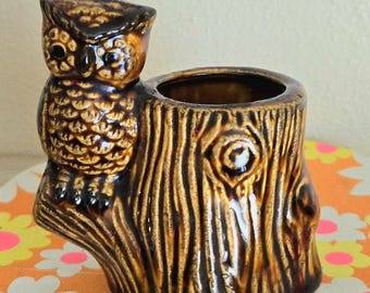 Vintage Ceramic Owl & Tree Stump Toothpick Or Matches Holder