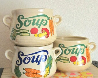 3 Soup Bowls, Vegetable Designs, Groovy Mushroom, Vintage Kitchen