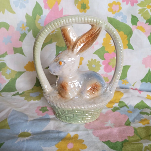 Lusterware Bunny In A Basket, Made In Brazil, Vintage Easter Decoration, Marked 1912