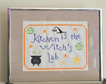 Framed "Kitchen Is The Witch's Lab" Cross Stitch, Vintage Kitchen Wall Hanging