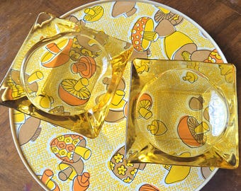 2 Vintage Square Honey Amber Glass Ashtrays, Mid-Century Modern Decor