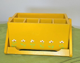 Yellow Wooden Basket With White Flowers, Gardening Tools Storage, Desk Organizer, Vintage Home Decor