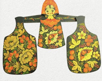 Russian Folk Art Cutting Board Set, Matryoshka Doll, Vintage Kitchen Wall Hanging