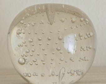 Vintage Clear Glass Apple Paper Weight With Controlled Bubbles, Hand Blown