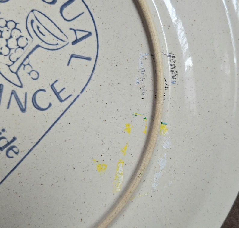 May include: A section of a white ceramic plate with a blue design and text. The design includes a wine glass and grapes. The plate has a speckled texture and a light brown rim. The text reads "PROVENCE" and "ide".