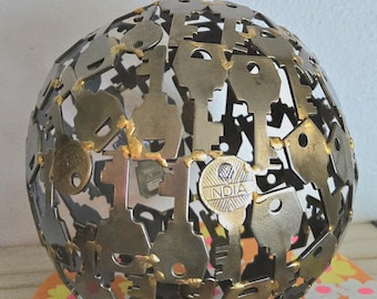 Vintage MCM Style Welded Key Ball, Metal Brass Sphere Sculpture, 6" Diameter