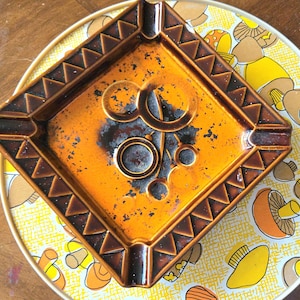 MCM Orange & Brown Ashtray, Square Shape, Geometric Pattern, Japan