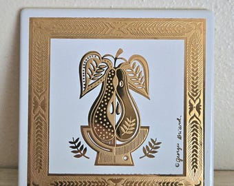 Carrelage MCM Georges Briard Gold Pear, Art mural émaillé, vintage des années 1960, semble inutilisé