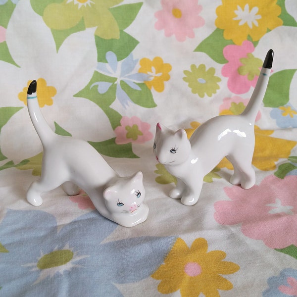2 Porcelain Long Tail Cat Figurines, Ring Holders, Vintage Home Decor, Trinket Set, Gift For Cat Person