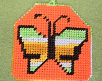 Plastic Canvas Butterfly Wall Hanging, Vintage Needle Craft, Hippie Boho