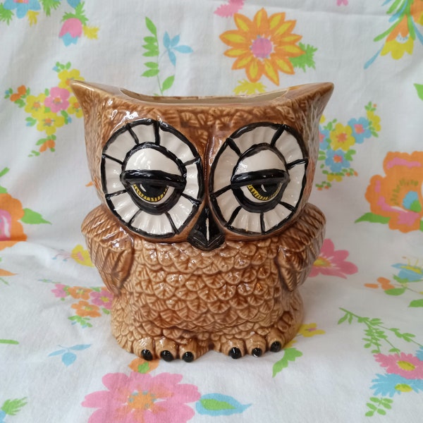 Hand Painted Owl Planter, Two Sided, Large Size, Vintage Home Decor, 1970's House, Ceramic