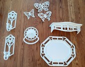 Homco Bath Accessories, 8 Pieces, Wicker Look, Mirror, Towel Ring, Candle Holders, Shelf, Butterflies, Vintage Home Decor, Wall Hangings