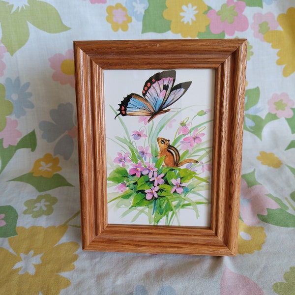 Vintage Chipmunk & Butterfly Photo In A Wooden Frame, Printed Nature Scene, Tabletop Decor