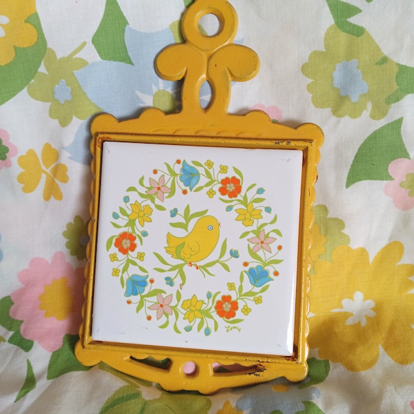 Yellow Bird Trivet In Floral Wreath, Cast Iron, Mid Century Kitsch, Vintage Home Decor, Kitchen Wall Hanging