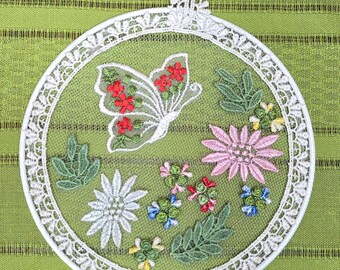 Lace Butterfly & Flowers Netting Hoop Wall Hanging, Vintage Home Decor