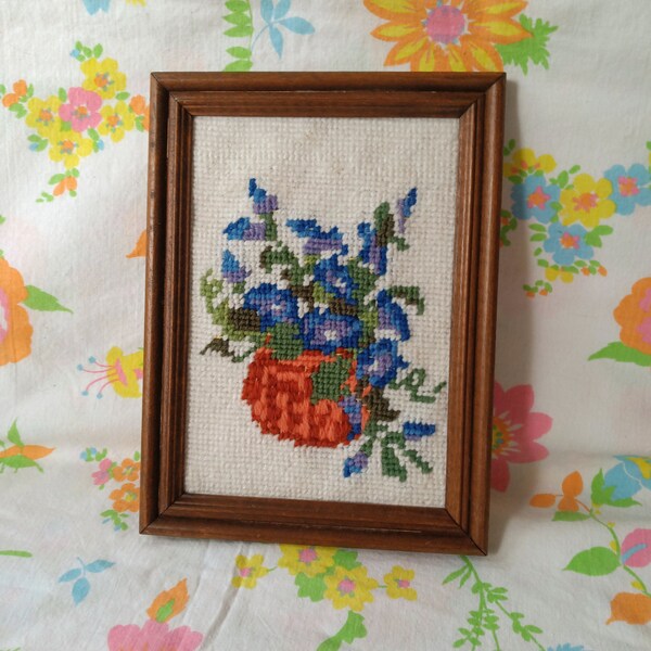 Blue Flower Basket Needlepoint, Vintage Home Decor, Stitched Wall Hanging