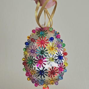 Vintage Easter Egg Ornament, Silk Spun Push Pin Atomic Beaded Sequins, Handmade