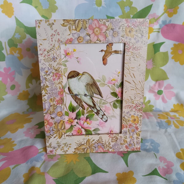 Framed Bird Print, Pink Flowers, Vintage Home Decor, Tabletop Frame