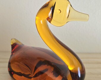 Amber Glass Swan, Hand Blown, Bird Figurine, Vintage Home Decor