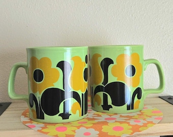 2 Staffordshire Pottery Mugs, Green With Mod Flowers, Made In England, Vintage Drinkware