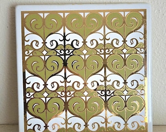 MCM Georges Briard Green And Gold Heart Tile, Enamel Wall Art, Vintage 1960s