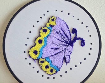 Purple Punch Needle Butterfly, Painted Wooden Hoop, Vintage Wall Hanging