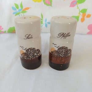 Stoneware Salt And Pepper Shakers With Stoppers, Written In German, Salz & Pfeffer, Tree And Bird Silhouette, Ombre Glaze, Vintage Kitchen image 1