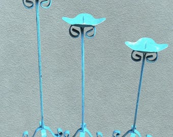 3 Blue Wrought Iron Candle Holders, MCM Style, Vintage Home Decor